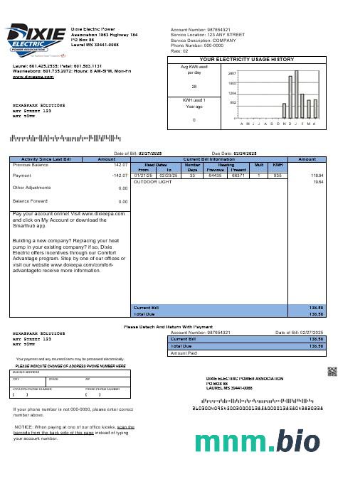 USA Mississippi Dixie electric rachunek za usługi komunalne szablon w formacie Word i PDF